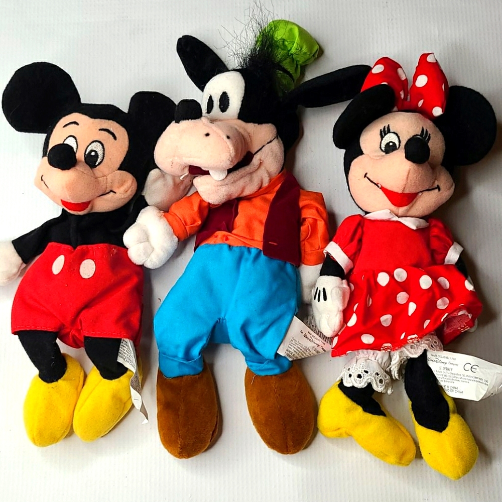 Disney store bean bag plush Mickey, Minnie, Goofy
